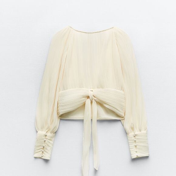 Zara Pleated Crepe Blouse Crop Top Tie Bow Back - Picture 2 of 10